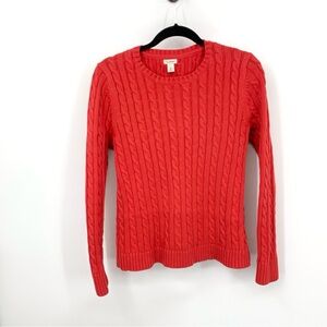 LL Bean Women Size Medium Sweater Red Cable Knit Crew Pullover Top Cotton